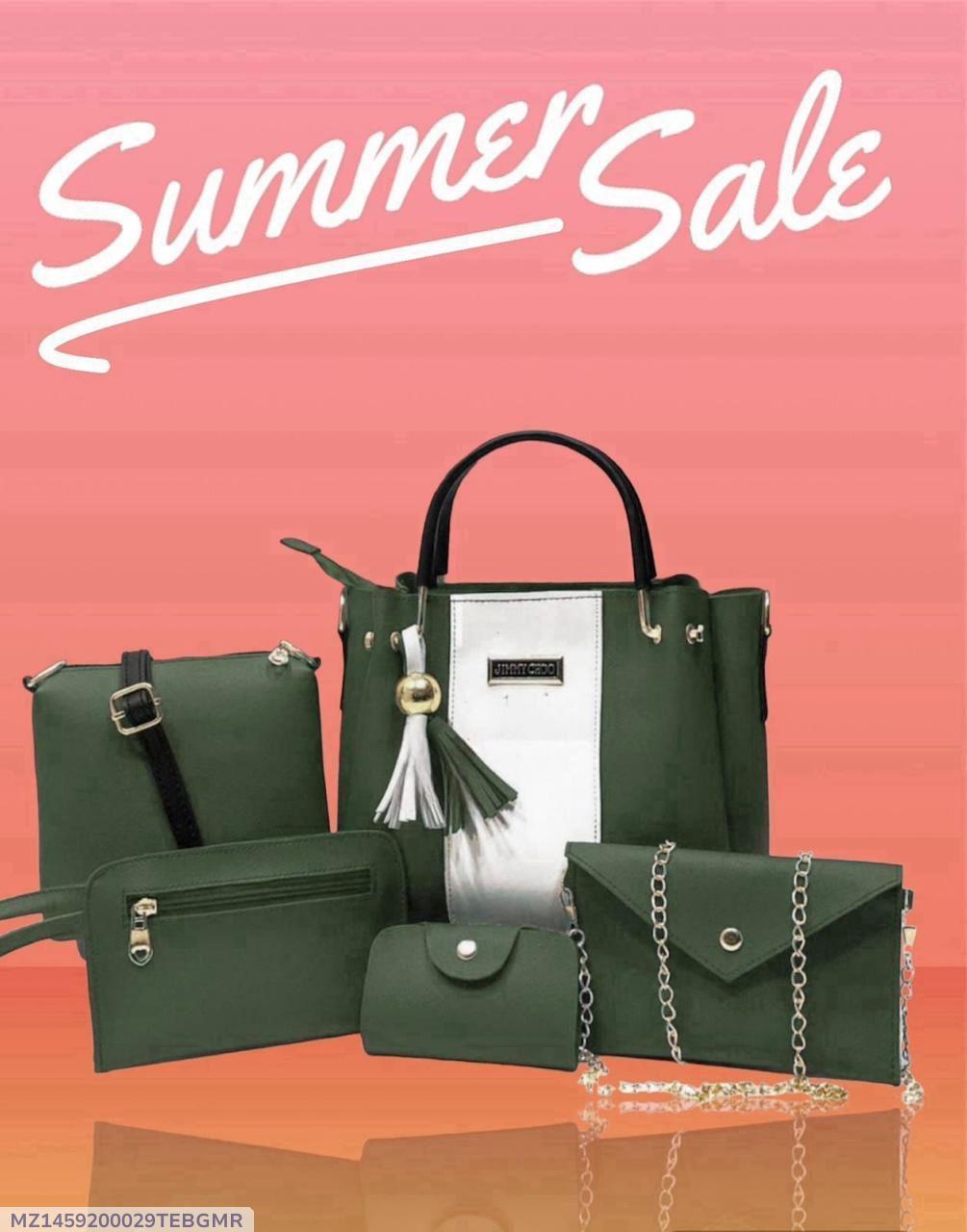Chic Women's Rexine Hand Bag Set - 5 Pcs in Elegant Green