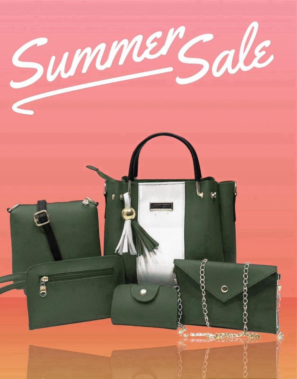 Chic Women's Rexine Hand Bag Set - 5 Pcs in Elegant Green
