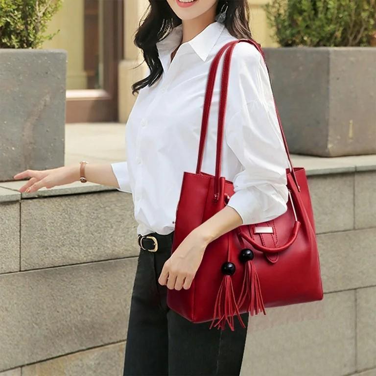 Chic Women's Maroon PU Leather Hand Bag Set - 3 Pcs for Trendy Style