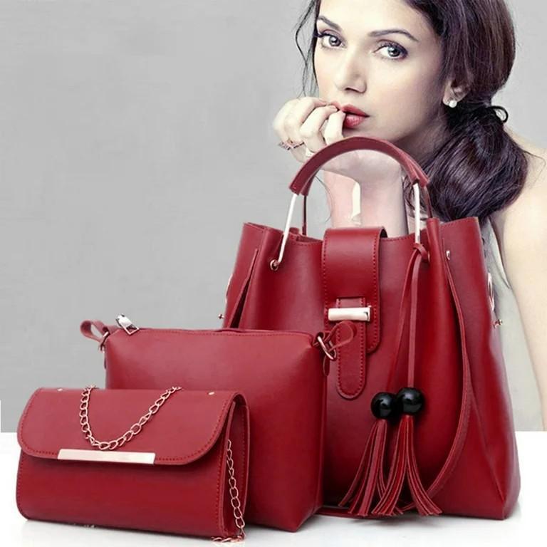 Chic Women's Maroon PU Leather Hand Bag Set - 3 Pcs for Trendy Style