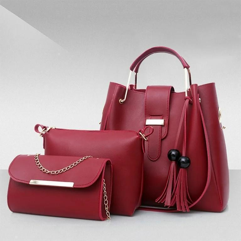 Chic Women's Maroon PU Leather Hand Bag Set - 3 Pcs for Trendy Style